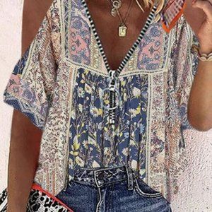 HEKKA blue and pink boho cold shoulder top Size Small NWT